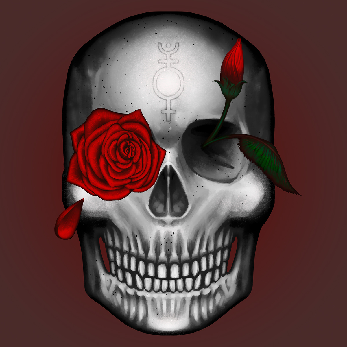 A skull with a rose in each eye socket. One is in full bloom and shedding a petal, the other is just a slim budding vine still.
                                      The symbol on the forehead is a combination of the astrological symbols for Venus and Pluto.