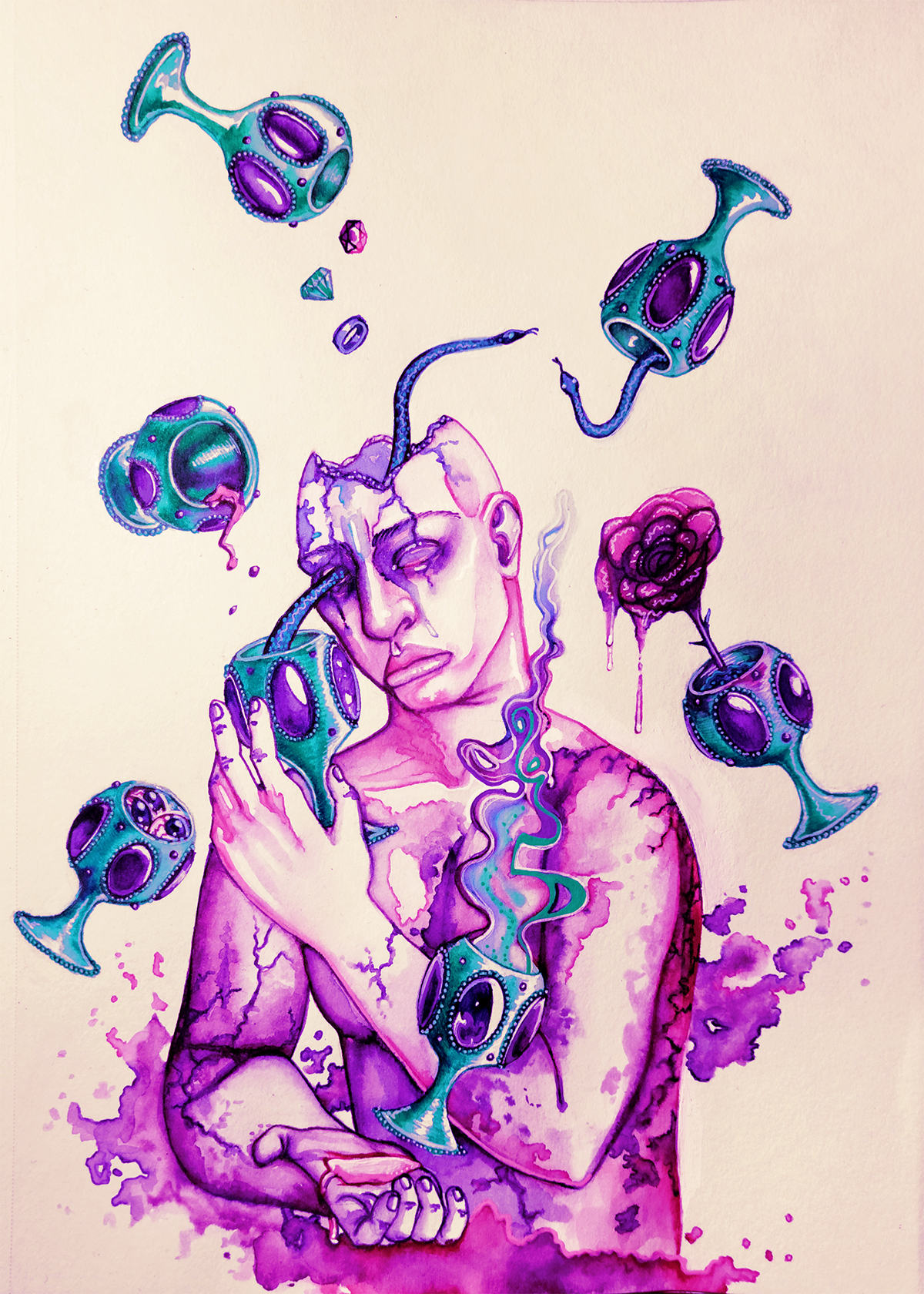 An ink and watercolor image of a pink and purple masculine figure with a wide, frowning mouth. 
                                       There are cracks running in their skin and the top of their head is broken open and hollow like a ceramic statue. 
                                       Seven veridian goblets, each with four violet jeweled sides, float around the figure, each one containing a unique offering. 
                                       The offerings are: a rose, eyeballs, fluid that could be wine or blood, jewels, smoke, and the last two contain a snake in each. 
                                       One snake has slithered right through an eye socket to travel through the hole in the figure's head.