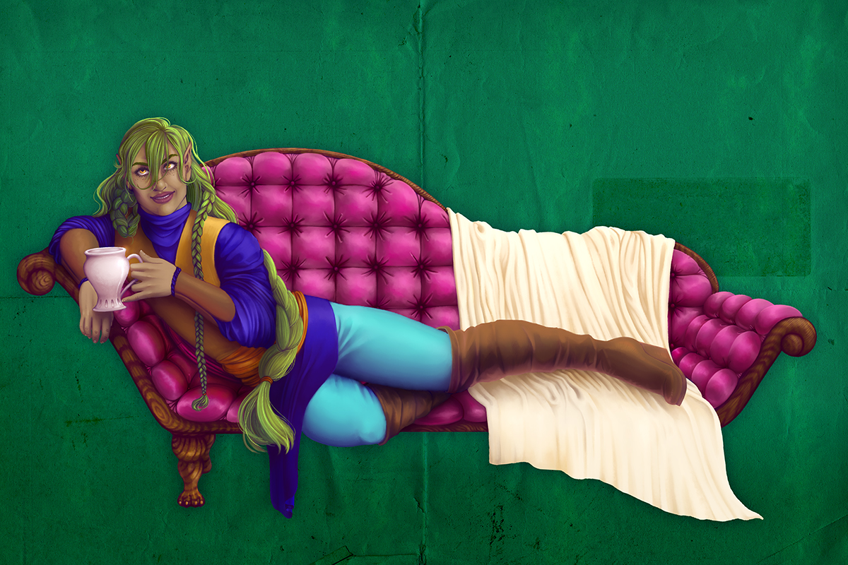 A green haired elven man relaxing on a magenta velvet chaise lounge with a cream colored blanket and a green textured background. 
                                       His expression is snarky as he drinks his tea.