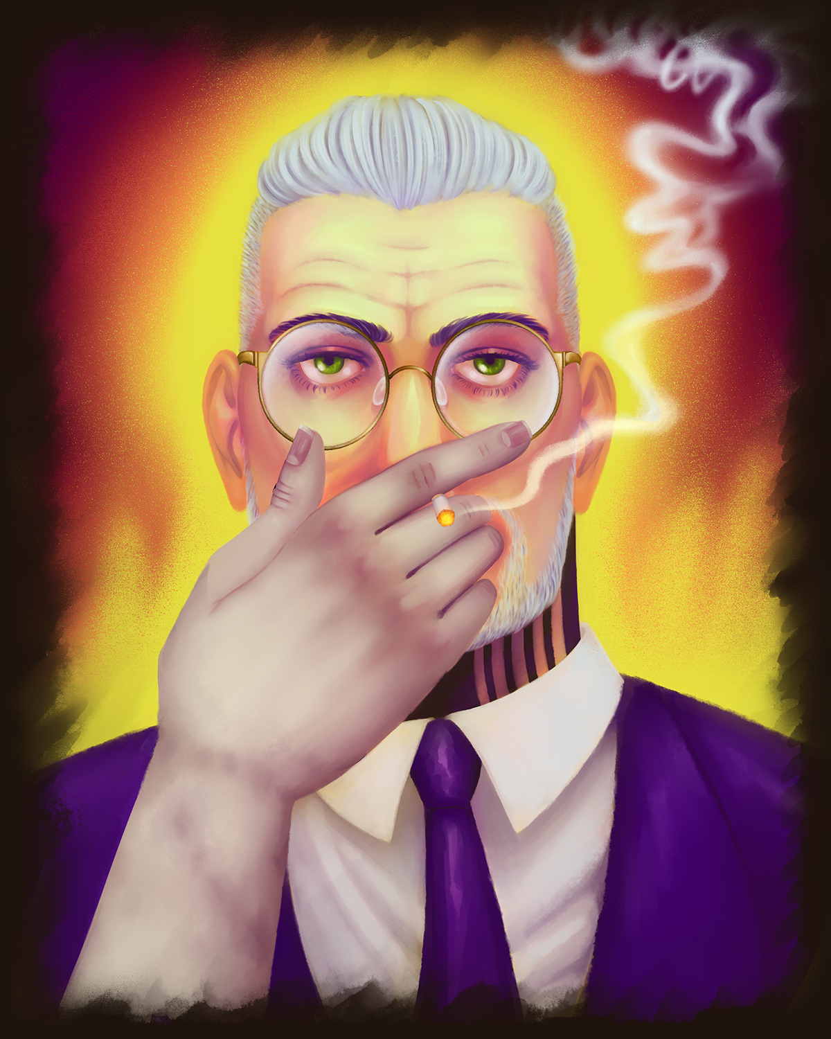 Kaspar smoking a cigarette using a corpse's hand with an intense stare. The background is fiery.