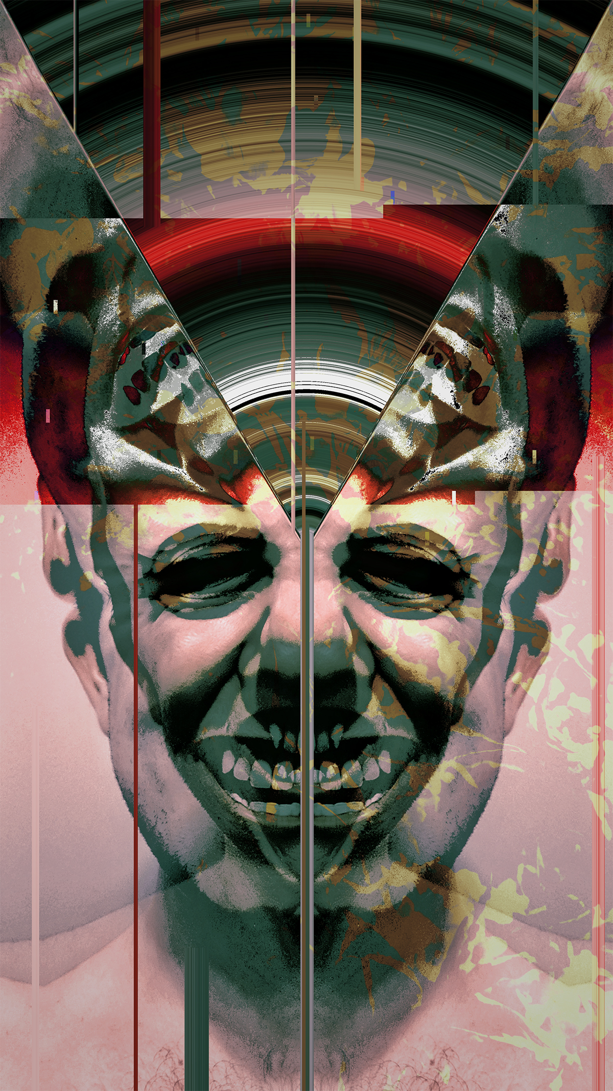 Photo collage with glitch effects and multiple self portraits, layered so the face looks to have a deranged smile. 
                                       The top of the hed is split open in a colorful fan.