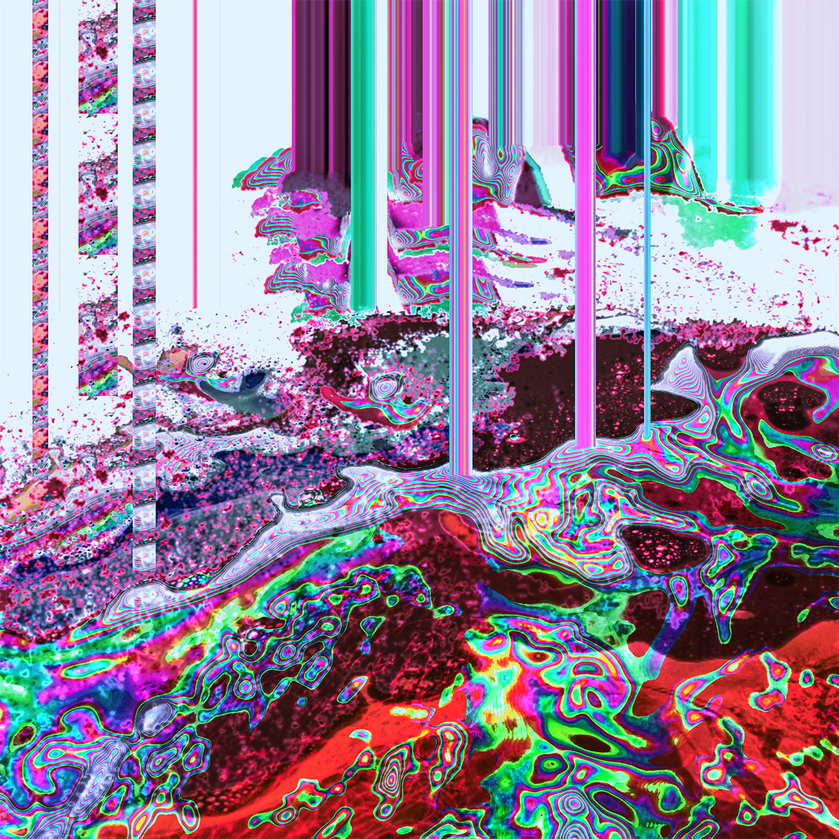 A photo collage with glitch effects using photos of my feet in the bath, 
                                       edited so that it repeats across the image in an arc and chunks vertically repeating upwards. 
                                       The color scheme is bright and colorful, with a white background and fuschia, 
                                       red, and mint 'splashes' taking up the image.