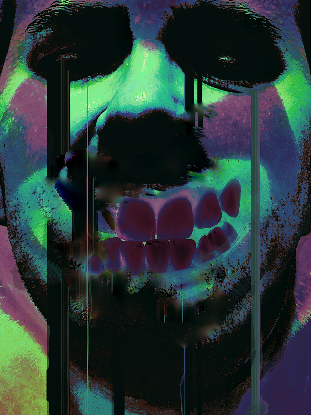 A a scowling self-portrait edited to look as if a toothy smile is 'glitching' into place on my mouth,
                                       and tears are 'glitching' from my eyes.
                                       The color scheme is dark, mainly in greens and blues, with purple details such as the teeth.