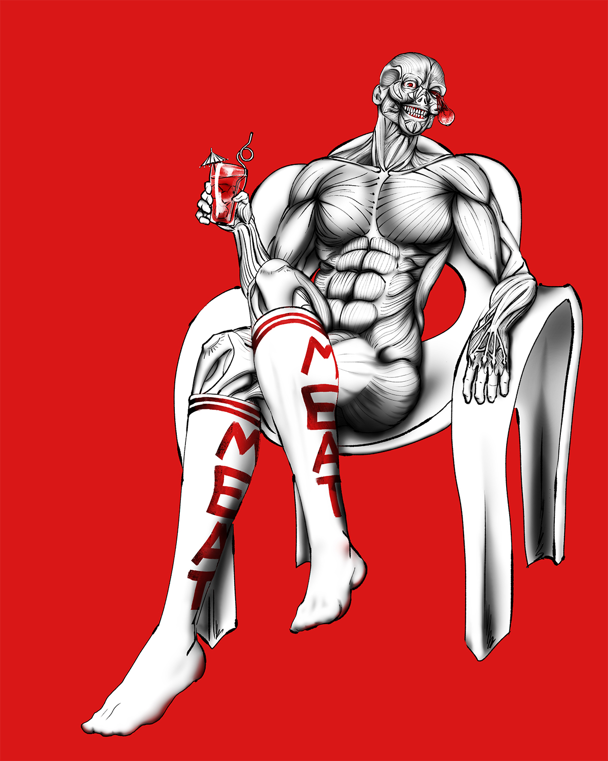 A man with no skin, muscular anatomy clearly visible, reclining in a plastic lawn chair with a drink in hand.
                                      One of his eyeballs is outside of his head, still attatched.
                                      The background, the letters that read 'MEAT' on his socks, his eyeball, and his beverage are are stark red.
                                      The man and the chair he sits in are in high-contrast grayscale.