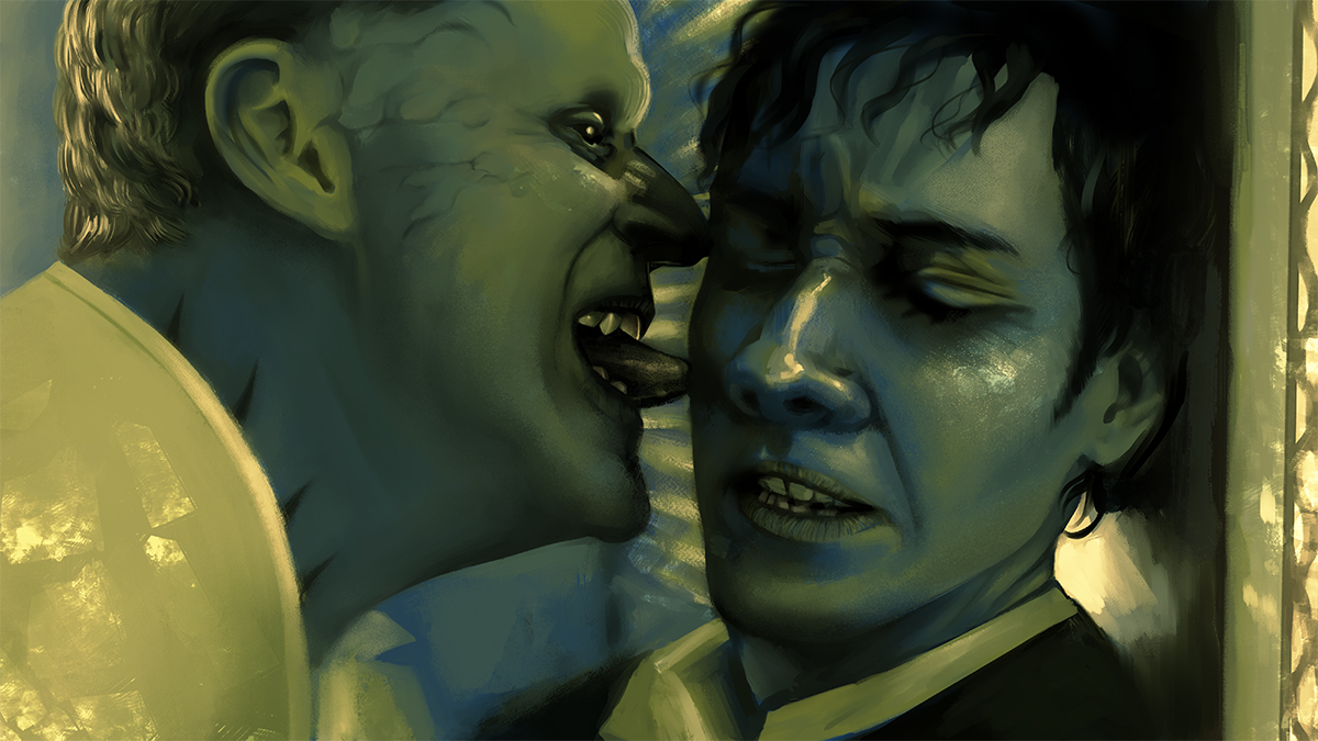 A scene from the 2005 film 'Constantine,' where Satan is countering Constantine's taunt by licking his cheek.
                                       The color scheme is in cool greens and blues with pale yellow highlights.